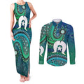 Torres Strait Islands Couples Matching Tank Maxi Dress and Long Sleeve Button Shirt Dhari Emblem Vibrant Teal Indigenous