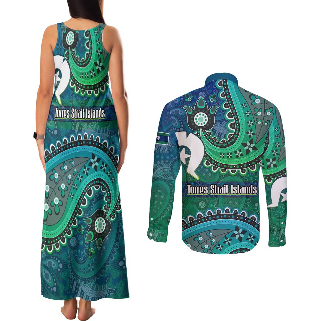 Torres Strait Islands Couples Matching Tank Maxi Dress and Long Sleeve Button Shirt Dhari Emblem Vibrant Teal Indigenous