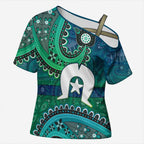 Torres Strait Islands Cross Shoulder Shirt Dhari Emblem Vibrant Teal Indigenous