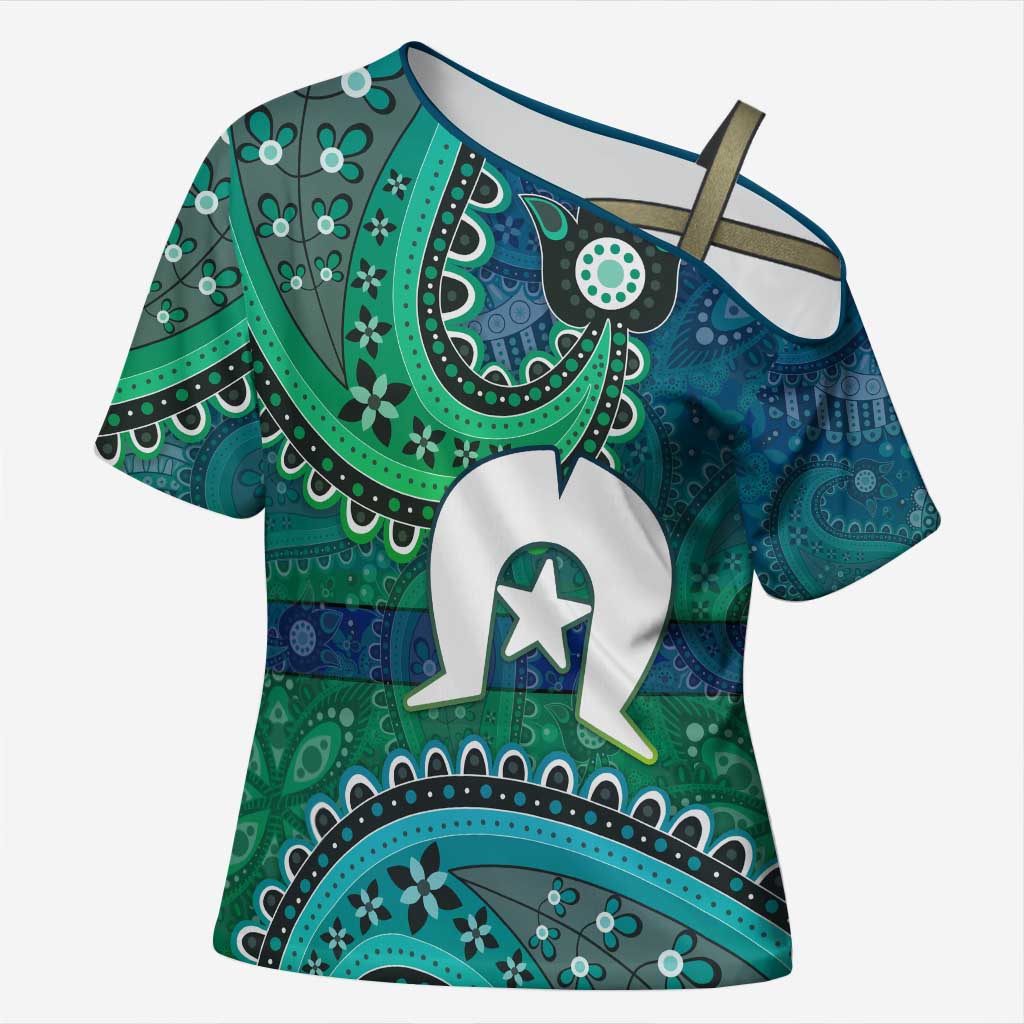 Torres Strait Islands Cross Shoulder Shirt Dhari Emblem Vibrant Teal Indigenous