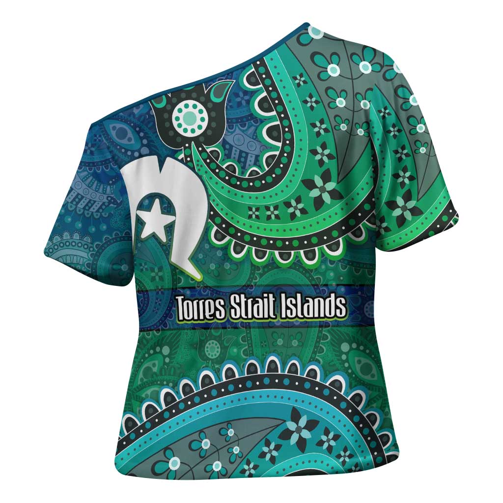 Torres Strait Islands Cross Shoulder Shirt Dhari Emblem Vibrant Teal Indigenous
