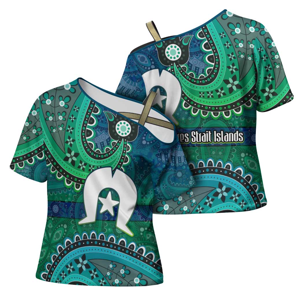 Torres Strait Islands Cross Shoulder Shirt Dhari Emblem Vibrant Teal Indigenous