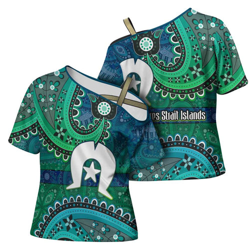 Torres Strait Islands Cross Shoulder Shirt Dhari Emblem Vibrant Teal Indigenous