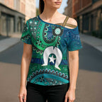 Torres Strait Islands Cross Shoulder Shirt Dhari Emblem Vibrant Teal Indigenous