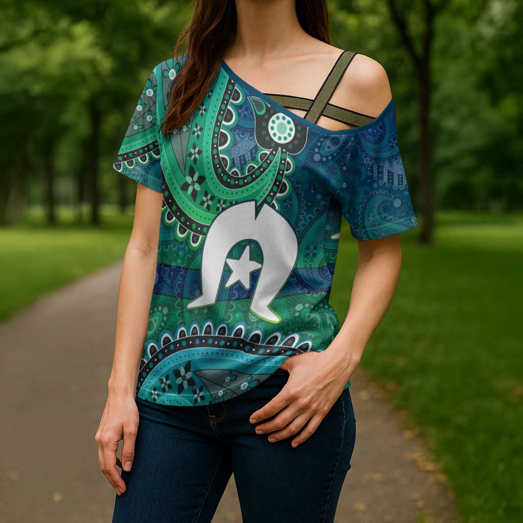 Torres Strait Islands Cross Shoulder Shirt Dhari Emblem Vibrant Teal Indigenous
