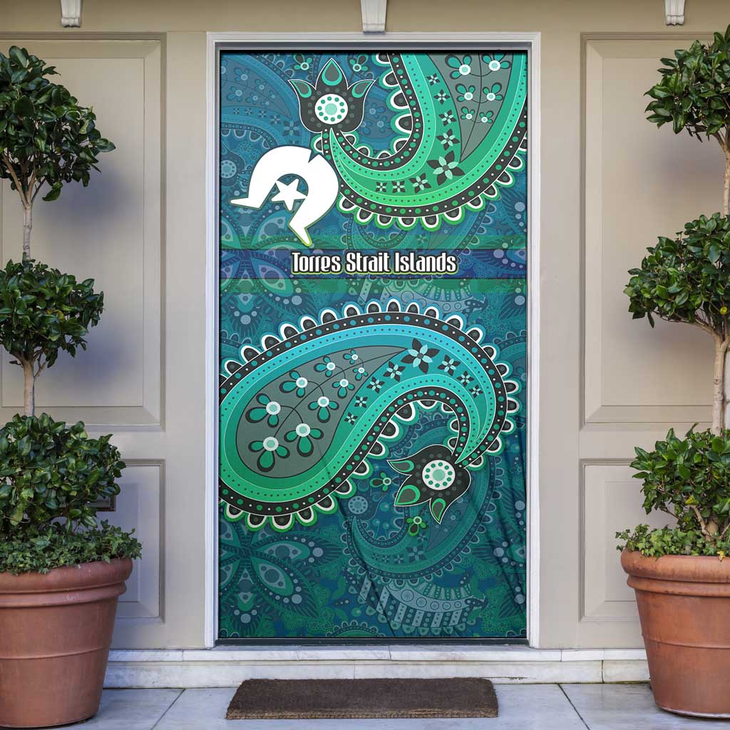Torres Strait Islands Door Cover Dhari Emblem Vibrant Teal Indigenous