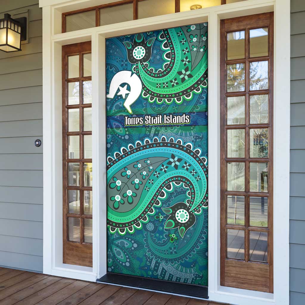 Torres Strait Islands Door Cover Dhari Emblem Vibrant Teal Indigenous