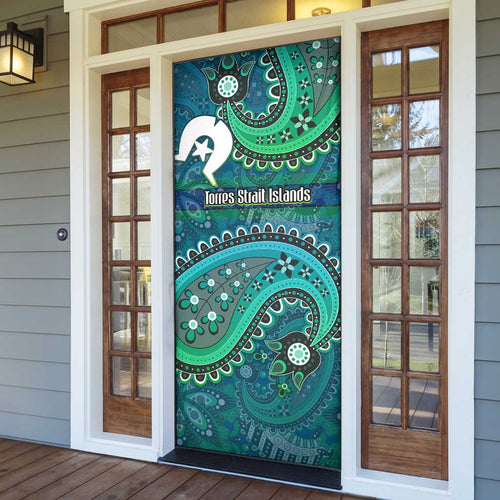 Torres Strait Islands Door Cover Dhari Emblem Vibrant Teal Indigenous