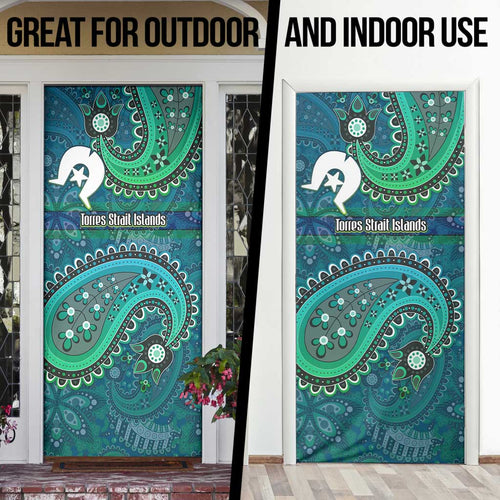 Torres Strait Islands Door Cover Dhari Emblem Vibrant Teal Indigenous