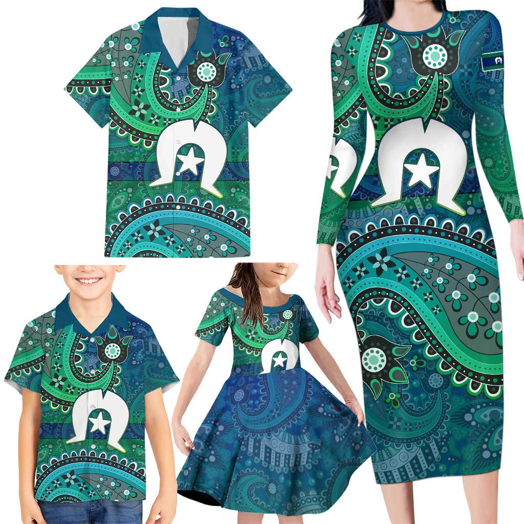 Torres Strait Islands Family Matching Long Sleeve Bodycon Dress and Hawaiian Shirt Dhari Emblem Vibrant Teal Indigenous