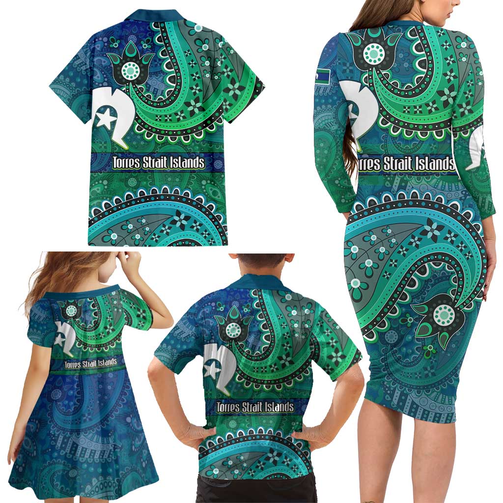 Torres Strait Islands Family Matching Long Sleeve Bodycon Dress and Hawaiian Shirt Dhari Emblem Vibrant Teal Indigenous