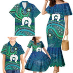 Torres Strait Islands Family Matching Mermaid Dress and Hawaiian Shirt Dhari Emblem Vibrant Teal Indigenous