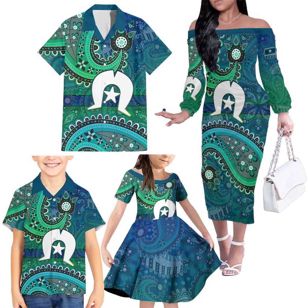 Torres Strait Islands Family Matching Off The Shoulder Long Sleeve Dress and Hawaiian Shirt Dhari Emblem Vibrant Teal Indigenous