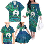 Torres Strait Islands Family Matching Off The Shoulder Long Sleeve Dress and Hawaiian Shirt Dhari Emblem Vibrant Teal Indigenous