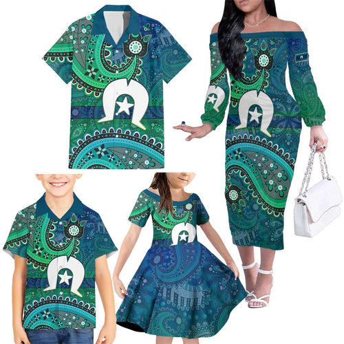 Torres Strait Islands Family Matching Off The Shoulder Long Sleeve Dress and Hawaiian Shirt Dhari Emblem Vibrant Teal Indigenous
