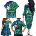 Torres Strait Islands Family Matching Off The Shoulder Long Sleeve Dress and Hawaiian Shirt Dhari Emblem Vibrant Teal Indigenous