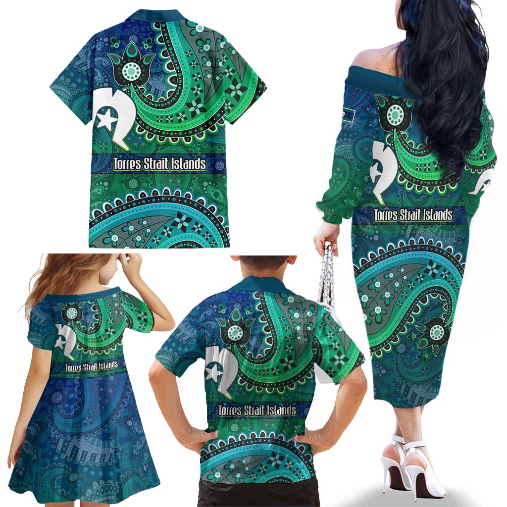 Torres Strait Islands Family Matching Off The Shoulder Long Sleeve Dress and Hawaiian Shirt Dhari Emblem Vibrant Teal Indigenous