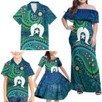 Torres Strait Islands Family Matching Off Shoulder Maxi Dress and Hawaiian Shirt Dhari Emblem Vibrant Teal Indigenous
