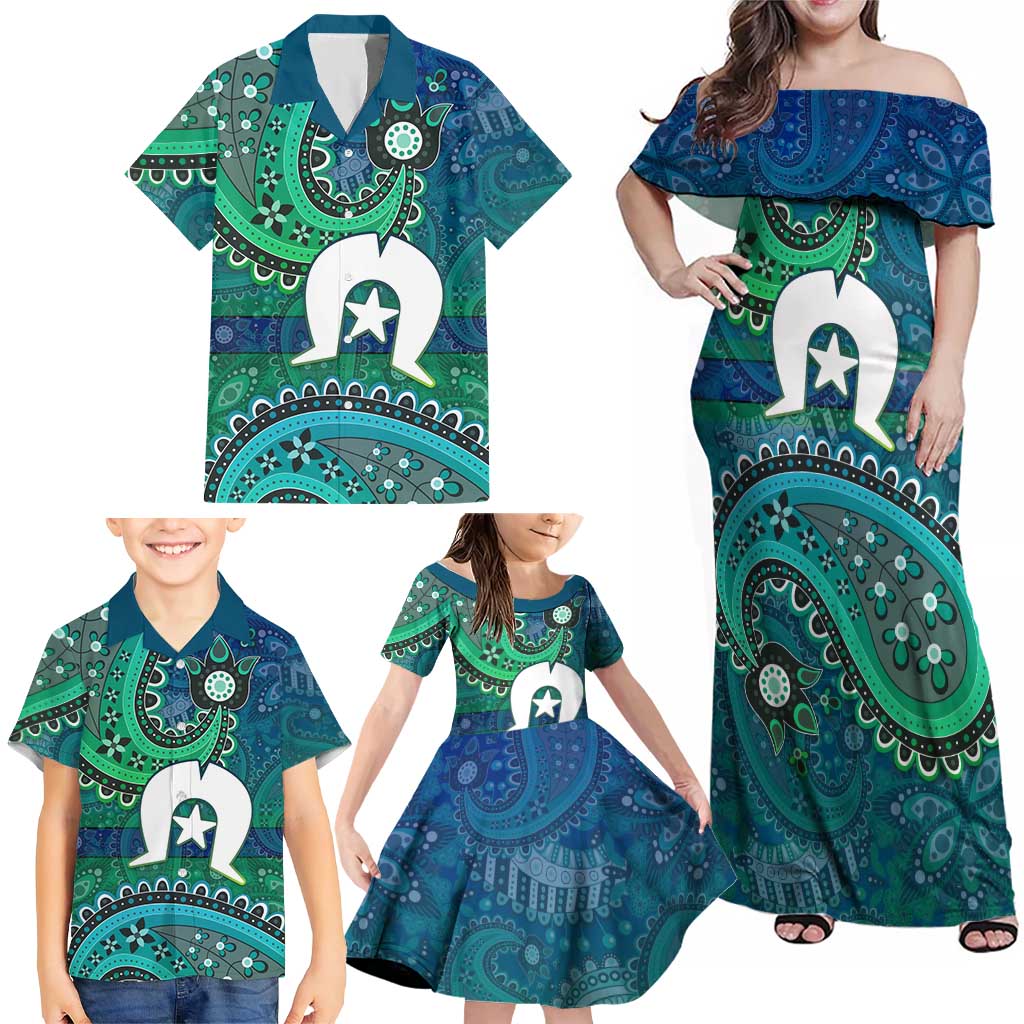 Torres Strait Islands Family Matching Off Shoulder Maxi Dress and Hawaiian Shirt Dhari Emblem Vibrant Teal Indigenous
