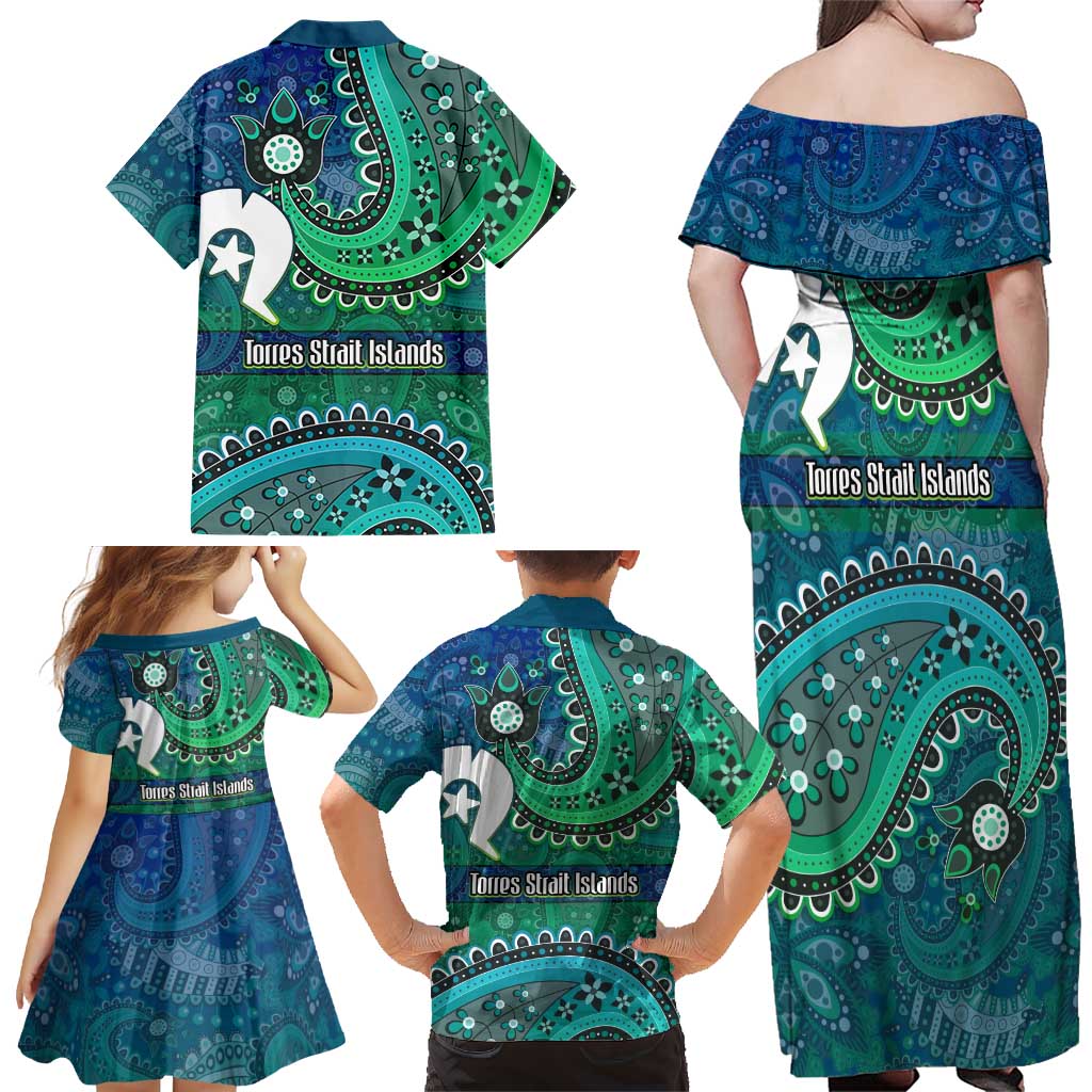 Torres Strait Islands Family Matching Off Shoulder Maxi Dress and Hawaiian Shirt Dhari Emblem Vibrant Teal Indigenous