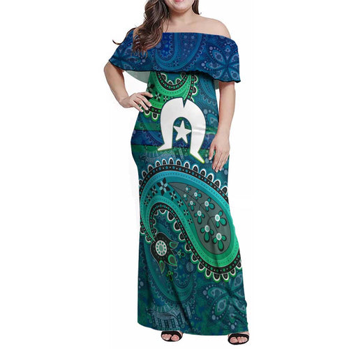 Torres Strait Islands Family Matching Off Shoulder Maxi Dress and Hawaiian Shirt Dhari Emblem Vibrant Teal Indigenous