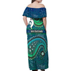 Torres Strait Islands Family Matching Off Shoulder Maxi Dress and Hawaiian Shirt Dhari Emblem Vibrant Teal Indigenous
