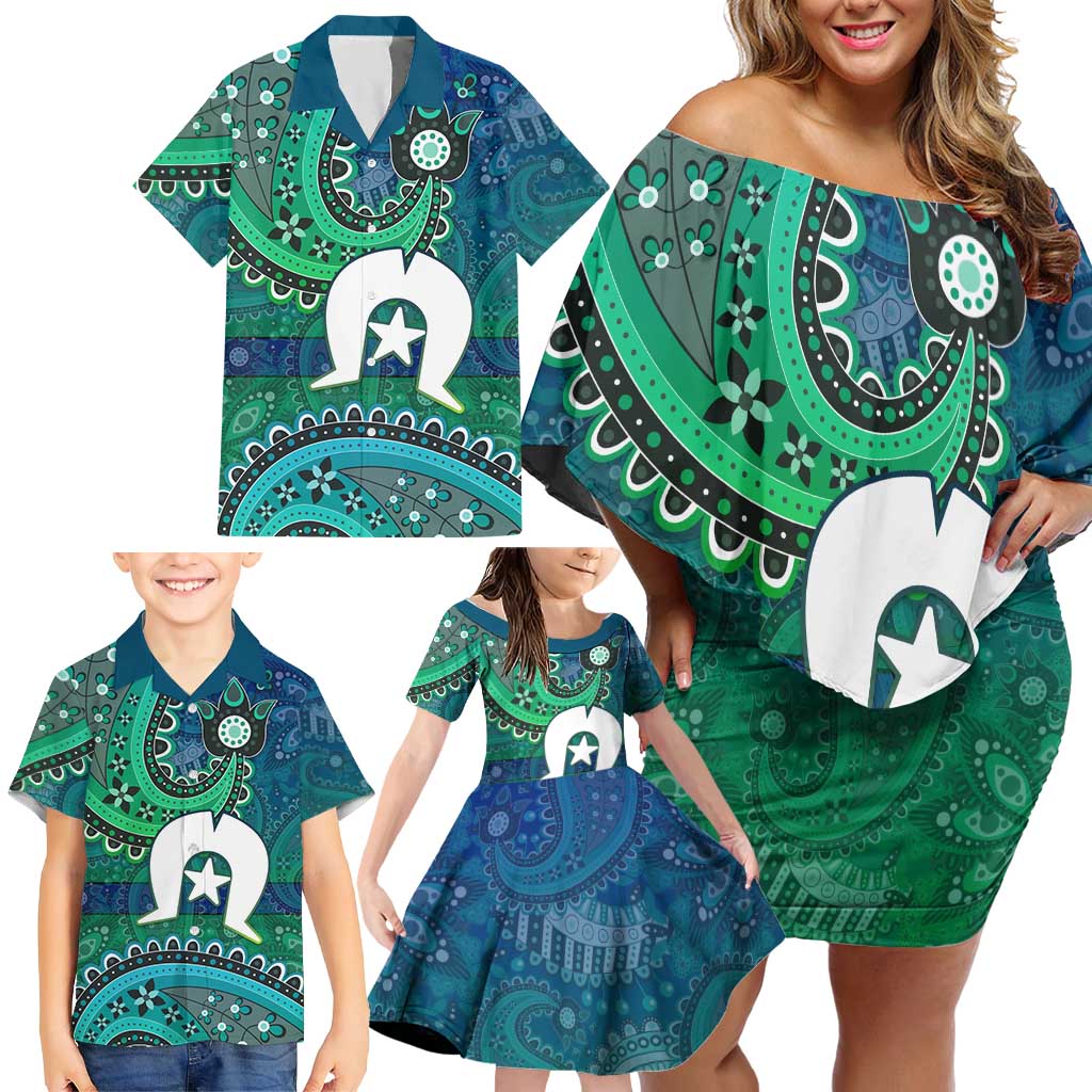 Torres Strait Islands Family Matching Off Shoulder Short Dress and Hawaiian Shirt Dhari Emblem Vibrant Teal Indigenous