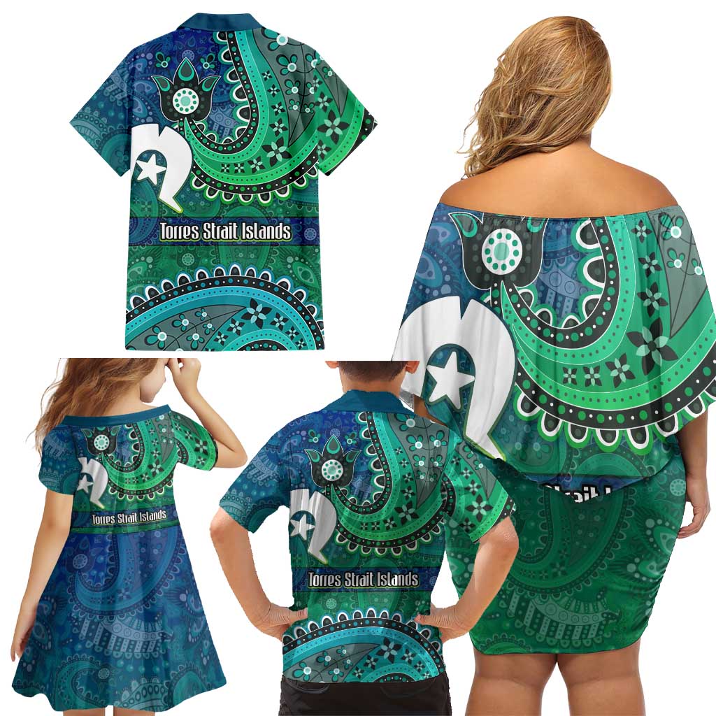 Torres Strait Islands Family Matching Off Shoulder Short Dress and Hawaiian Shirt Dhari Emblem Vibrant Teal Indigenous