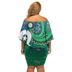 Torres Strait Islands Family Matching Off Shoulder Short Dress and Hawaiian Shirt Dhari Emblem Vibrant Teal Indigenous