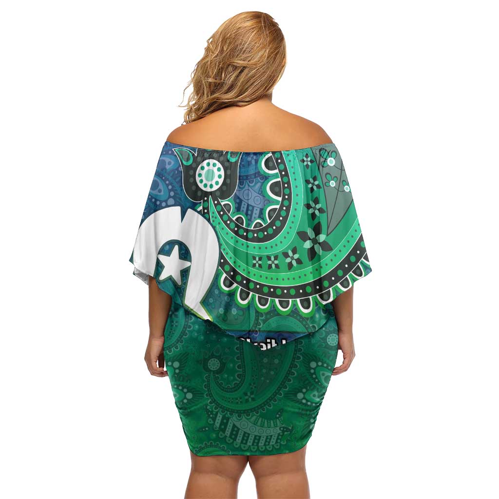Torres Strait Islands Family Matching Off Shoulder Short Dress and Hawaiian Shirt Dhari Emblem Vibrant Teal Indigenous