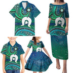 Torres Strait Islands Family Matching Puletasi and Hawaiian Shirt Dhari Emblem Vibrant Teal Indigenous
