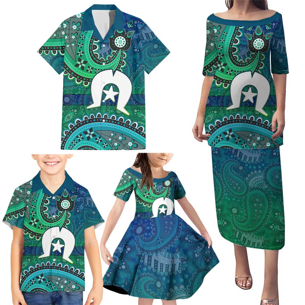 Torres Strait Islands Family Matching Puletasi and Hawaiian Shirt Dhari Emblem Vibrant Teal Indigenous