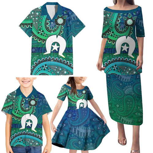 Torres Strait Islands Family Matching Puletasi and Hawaiian Shirt Dhari Emblem Vibrant Teal Indigenous