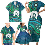 Torres Strait Islands Family Matching Short Sleeve Bodycon Dress and Hawaiian Shirt Dhari Emblem Vibrant Teal Indigenous