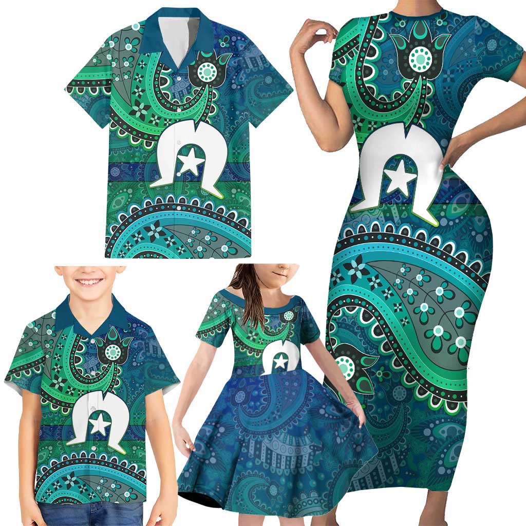 Torres Strait Islands Family Matching Short Sleeve Bodycon Dress and Hawaiian Shirt Dhari Emblem Vibrant Teal Indigenous
