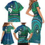 Torres Strait Islands Family Matching Short Sleeve Bodycon Dress and Hawaiian Shirt Dhari Emblem Vibrant Teal Indigenous