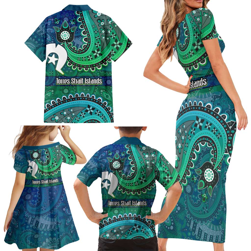 Torres Strait Islands Family Matching Short Sleeve Bodycon Dress and Hawaiian Shirt Dhari Emblem Vibrant Teal Indigenous