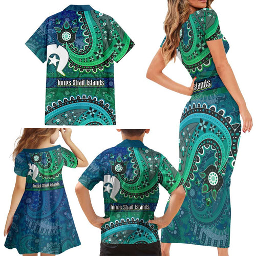 Torres Strait Islands Family Matching Short Sleeve Bodycon Dress and Hawaiian Shirt Dhari Emblem Vibrant Teal Indigenous