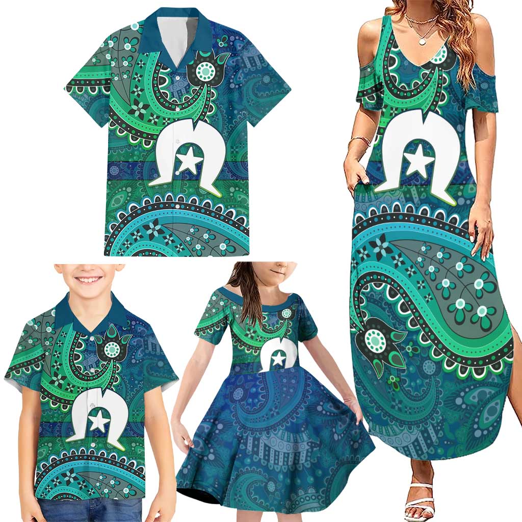 Torres Strait Islands Family Matching Summer Maxi Dress and Hawaiian Shirt Dhari Emblem Vibrant Teal Indigenous