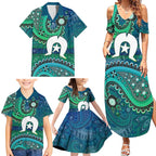 Torres Strait Islands Family Matching Summer Maxi Dress and Hawaiian Shirt Dhari Emblem Vibrant Teal Indigenous