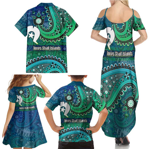 Torres Strait Islands Family Matching Summer Maxi Dress and Hawaiian Shirt Dhari Emblem Vibrant Teal Indigenous
