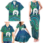 Torres Strait Islands Family Matching Tank Maxi Dress and Hawaiian Shirt Dhari Emblem Vibrant Teal Indigenous