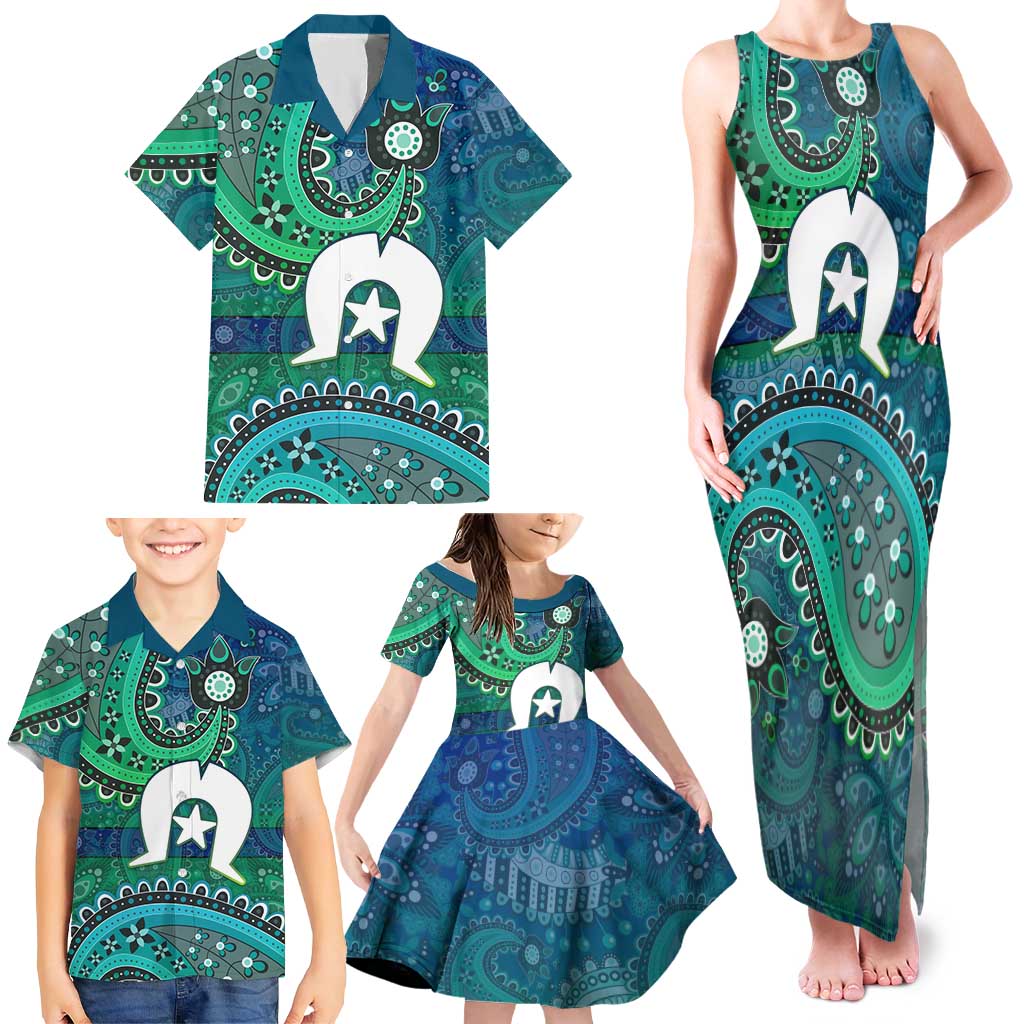 Torres Strait Islands Family Matching Tank Maxi Dress and Hawaiian Shirt Dhari Emblem Vibrant Teal Indigenous