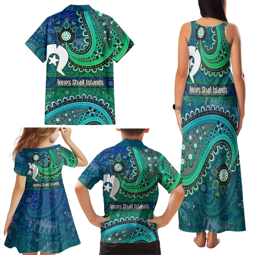 Torres Strait Islands Family Matching Tank Maxi Dress and Hawaiian Shirt Dhari Emblem Vibrant Teal Indigenous