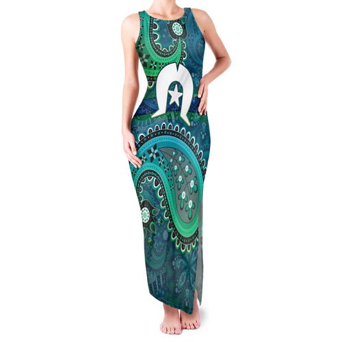 Torres Strait Islands Family Matching Tank Maxi Dress and Hawaiian Shirt Dhari Emblem Vibrant Teal Indigenous