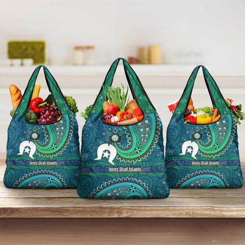 Torres Strait Islands Grocery Bag Dhari Emblem Vibrant Teal Indigenous