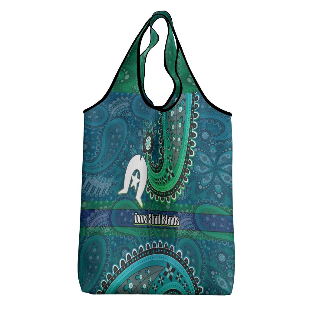 Torres Strait Islands Grocery Bag Dhari Emblem Vibrant Teal Indigenous