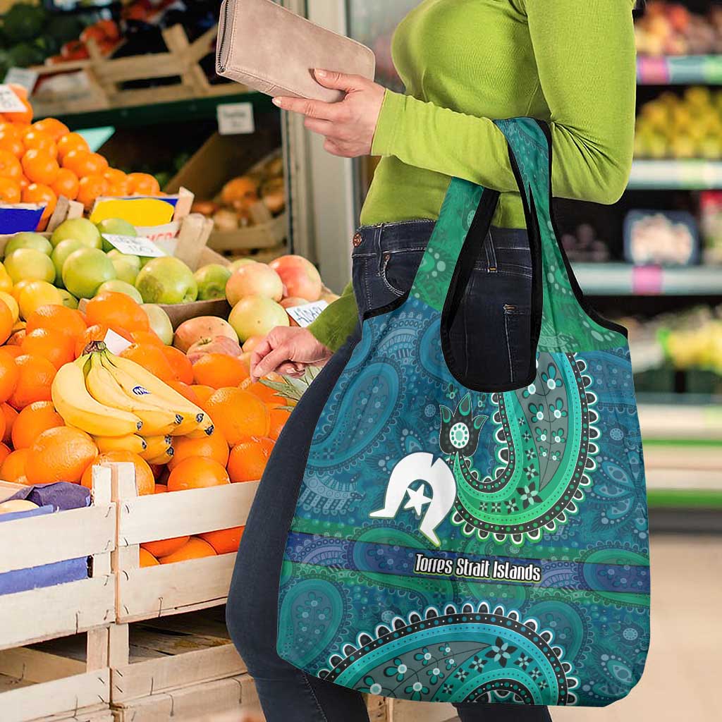 Torres Strait Islands Grocery Bag Dhari Emblem Vibrant Teal Indigenous
