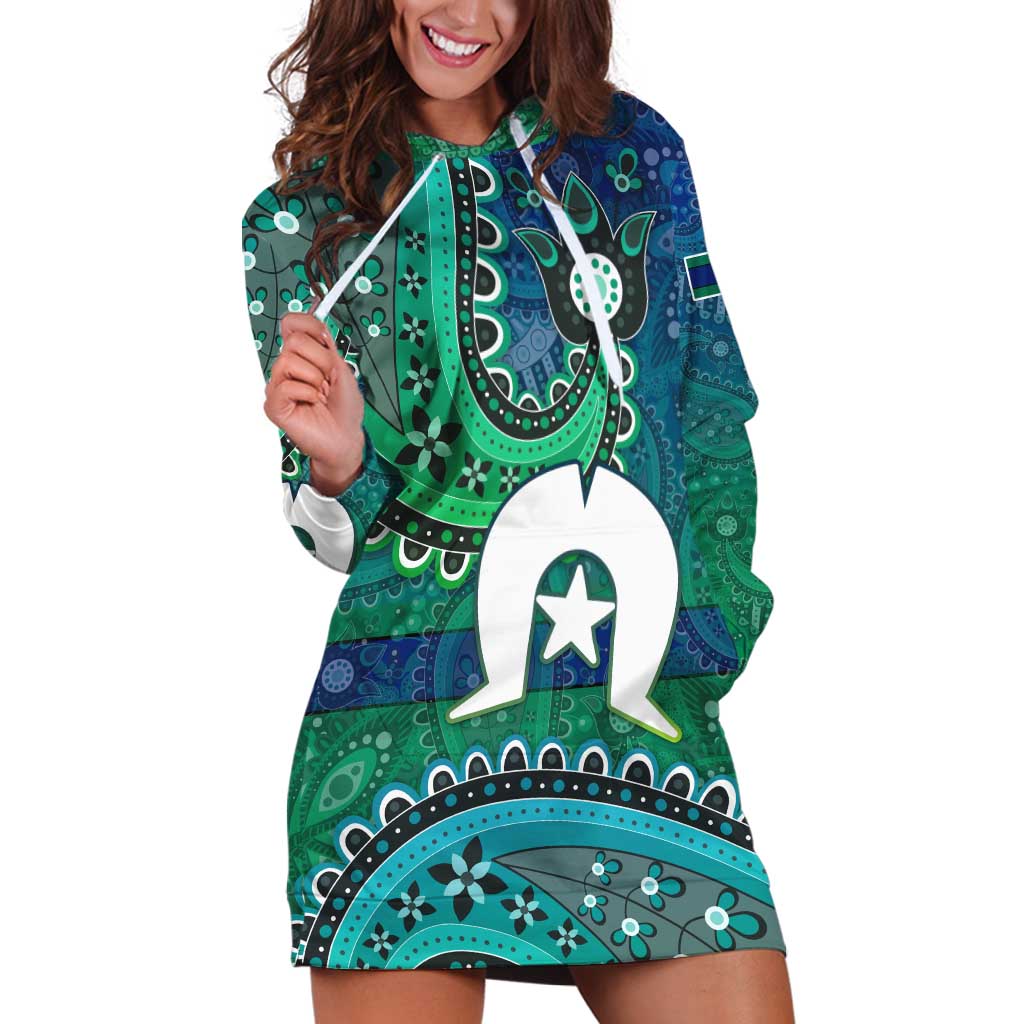 Torres Strait Islands Hoodie Dress Dhari Emblem Vibrant Teal Indigenous