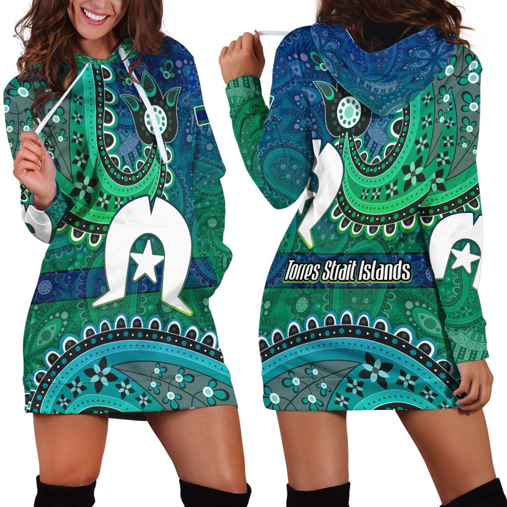Torres Strait Islands Hoodie Dress Dhari Emblem Vibrant Teal Indigenous